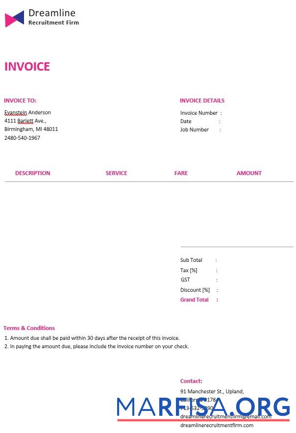 Printable Recruitment Firm Invoice Template